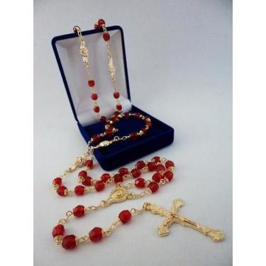 Imagem de Terço cristal tcheco jablonex vermelho 6mm - p.n. rosas - folh. ouro -