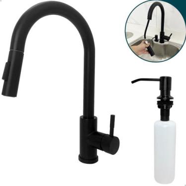 Imagem de Torneira Pia Cozinha Preta E Dispenser Dosador Detergente Preto 350ml 