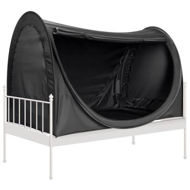 Imagem de VIVOHOME Tenda de cama dobrável, tamanho solteiro, dossel de cama de privacidade com 4 portas e malha mosquiteira, barraca de dormir respirável toda preta para crianças e adultos