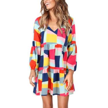 Imagem de DittyandVibe Vestido feminino casual de manga comprida e gola V, Xadrez multicolorido, P