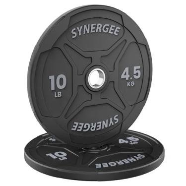 Imagem de Synergee Placas de peso de ferro fundido com abertura de 5 cm para musculação, exercícios olímpicos e de levantamento de energia. Placas de peso de metal par de 4,5 kg