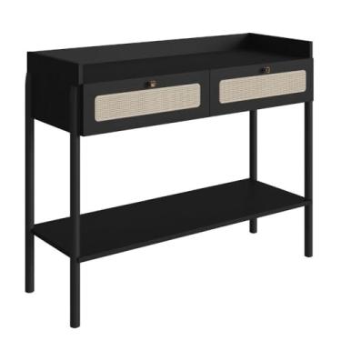 Imagem de Aparador 2 Gavetas Oslo Artesano 103 cm (largura) Mdp Nero Palha Sintética Bege Pé Madeira Maciça