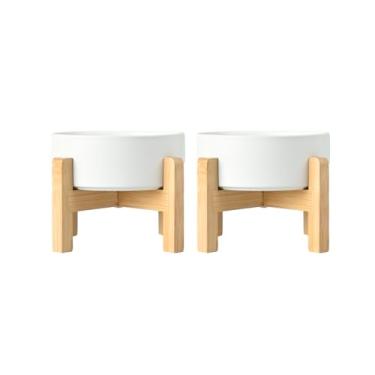 Imagem de SPUNKYJUNKY Conjunto de tigela de comida e água para cães de cerâmica Conjunto de 2 tigelas elevadas para cães, suporte de madeira antiderrapante, tigelas elevadas para alimentação de cães p