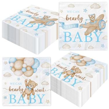 Imagem de Decoração, 40 peças de ursinho de pelúcia azul guardanapos de chá de bebê tema urso guardanapos de aniversário decoração para meninos chá de bebê festa revelação de gênero