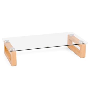 Imagem de Suporte para monitor de computador de vidro transparente com base de madeira para tela plana LCD, TV LED, laptop, impressora, suporte de mesa multimídia, organização de mesa de materiais de escritório, Yeoux