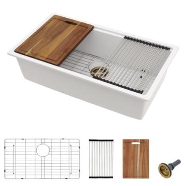 Imagem de Pia de cozinha composta de granito 33 - Fulorni 84 cm x 48 cm Pia de cozinha com borda submontada, estação de trabalho, granito branco, quartzo, composto sob o balcão, bacia de pia única com