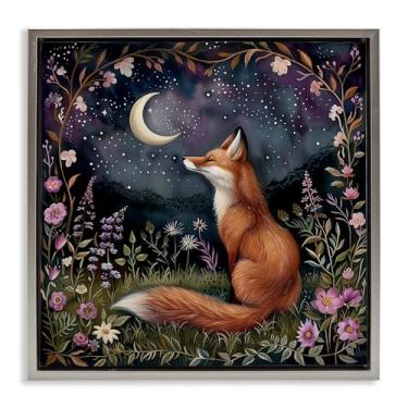 Imagem de Stupell Industries Woodland Fox Night Forest Framed Floater Canvas Wall Art Design by The Dutch Lady, Moldura Flutuante Cinza, 63 x 63 cm