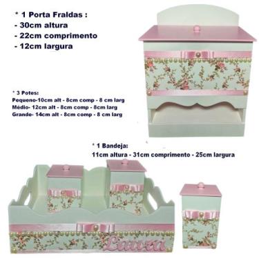 Imagem de Kit de Higiene de bebê madeira Mdf Meninas 5 pçs - Branco Florido pero