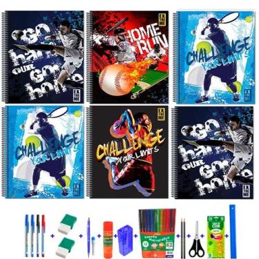Imagem de Kit 6 Caderno Espiral Esportes 80 Folhas Capa Dura Com 38 Acessórios M