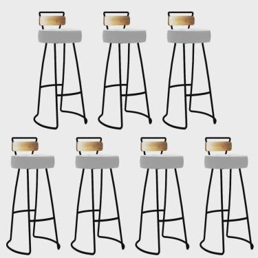 Imagem de Kit 07 Banqueta Alta Alice Bar Balcão Cozinha Com Encosto Madeira Ferro Preto Suede Branco - Ahz Móveis