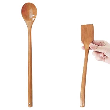 Imagem de UPTALY 1 espátula de madeira fina para omelete (27 x 4,5 cm), 1 colher de mistura de cabo longo (34 x 5 cm), madeira sólida natural, espátula pequena de ovo frito, colher de agitação estendida