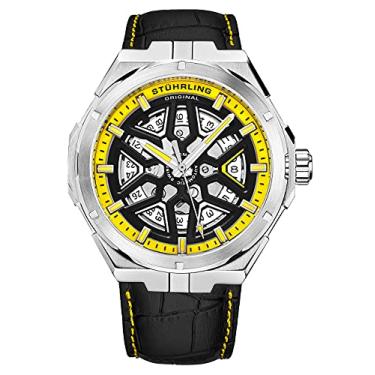 Imagem de Stuhrling Original Relógio masculino suíço automático – relógio social masculino de couro com corda automática, relógio de pulso mecânico esqueleto para homens, Preto, amarelo, Relógio esqueleto,