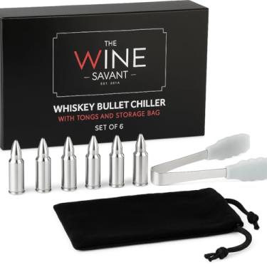 Imagem de Bullet Whiskey Chillers Stones - Whisky Rocks by The Wine Savant Conjunto de 6 - Cubos de gelo em forma de bala de aço inoxidável, caixa de presente, pinças e saco de armazenamento, rochas escocesas