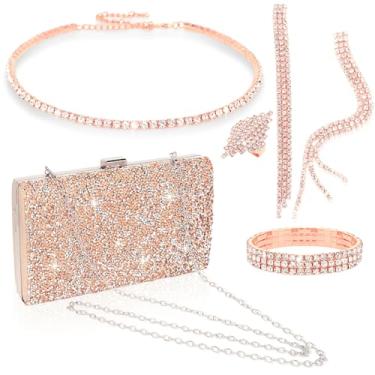 Imagem de ACO-UINT Conjunto de joias de strass com 5 peças de bolsa clutch para mulheres, colar de formatura, brincos, pulseira, anel com glitter, joias formais para mulheres para uso noturno, Metal, Strass