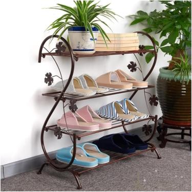 Imagem de Sapateira industrial, sapateira de ferro forjado esculpida na entrada com palmilha de plástico Sapateira de metal de 4 camadas para armazenamento de calçados de sala de estar, Bruin, 60 * 30