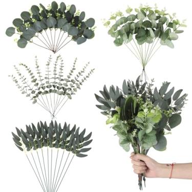 Imagem de OMISTAR Hastes de folhas de eucalipto, 4 tipos de hastes artificiais mistas, plantas falsas, galhos de vegetação sintética, palitos de folhas de eucalipto para buquês faça você mesmo, arranjo floral