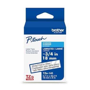 Imagem de Brother Impressão branca genuína P-Touch TZe em fita adesiva transparente (TZe145), laminada, 18 mm x 8 m, para etiquetadoras P-Touch selecionadas, durável, resistente à água, uso interno/externo
