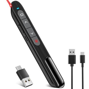 Imagem de Clicker de apresentação USB tipo C 2 em 1 com ponteiro de luz vermelha, clicker sem fio recarregável para apresentações PowerPoint suporta controle de volume de hiperlink, controle remoto de