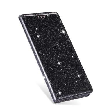 Imagem de LYJSMGZ Capa tipo carteira brilhante para iPhone 16E, fecho magnético com glitter, fecho magnético, capa de telefone feminina, antiderrapante, capa elegante, preta, 16E