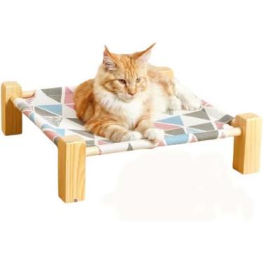 Imagem de Cama de rede para gatos e cães, cama de madeira para atividades marchas, removível e fácil de transportar, com brinquedos de bola de mola (gato azul, cama de gato)