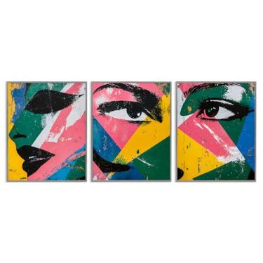 Imagem de Stupell Industries Face & Eyes Fractal 3 peças cinza emoldurado giclée conjunto de arte design por Walker Noble, 11 x 14