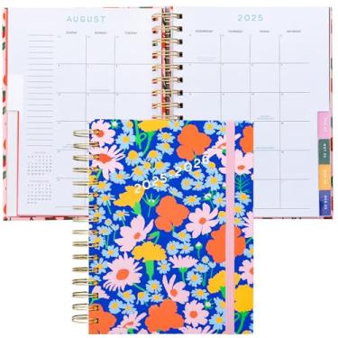 Imagem de ban.do Agenda média diária e semanal de 17 meses, datada de agosto de 2025 a dezembro de 2026, diário de autocuidado de capa dura, agenda espiral com calendário mensal, adesivos, arte e páginas bônus