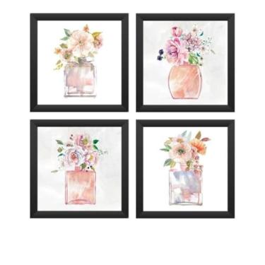 Imagem de Kit 4 Quadros Decorativos Banheiro, Toalete, Lavabo, Flores (Preto)