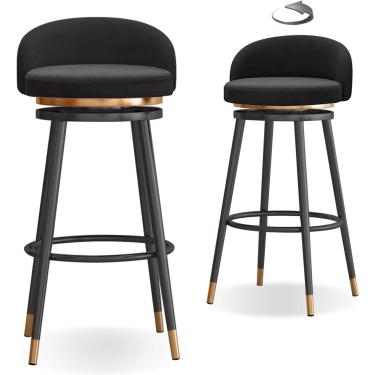 Imagem de Conjunto De 2 Bancos De Bar De Cozinha Cadeiras De Bar Giratórias De 360° Com Assento Estofado Macio, Pernas De Metal Carrega Até 200kg, 65cm, Black, Gold