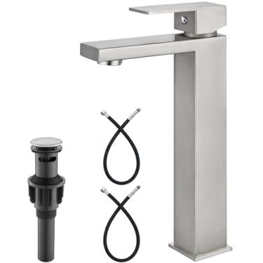 Imagem de Heyalan Torneira de pia de vaso de banheiro Torneira de banheiro Torneira de bacia de alça única SUS304 Aço inoxidável Corpo alto 1 furo Lavatório Vanity Mixer Bar Tap, com dreno, níquel escovado