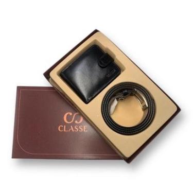 Imagem de Kit Classe Couro Carteira Cinto Social Botão Masculino 173-1 Café-Masculino