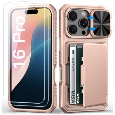 Imagem de BXYJY Capa carteira para iPhone 16 Pro com protetor de tela (vidro temperado), suporte para cartão (4 a 5 cartões), grau militar, à prova de quedas, capa para câmera deslizante, capa robusta masculina