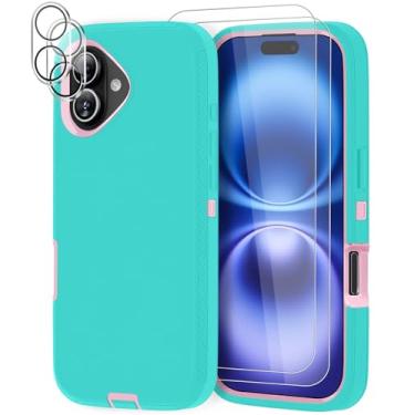 Imagem de BypaBox Capa para iPhone 16 de 6,1 polegadas com 2 protetores de lente de câmera e 2 protetores de tela, capa de telefone de proteção total de grau militar resistente (rosa petróleo)