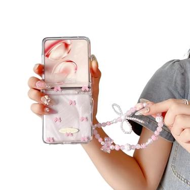 Imagem de SKPY Linda capa compatível com Motorola Razr Ultra 2025 com cordão de pérola, capa de proteção de dobradiça à prova de choque com estampa de laço de desenho animado engraçado para Razr Ultra 2025 para