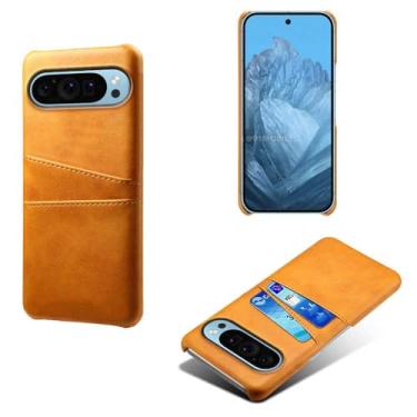 Imagem de Capas Compatível com Google Pixel 9 Pro XL,Caso de couro PU-Tampa de telefone a prova de choque com 2 slots de cartão,Proteção anti-impressão digital e anti-gota-Yellow