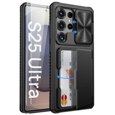 Imagem de Vihibii Capa para Samsung Galaxy S25 Ultra com suporte para cartão (4 cartões), protetor de tela de vidro temperado embutido e capa deslizante para câmera, capa carteira robusta e à prova de choque