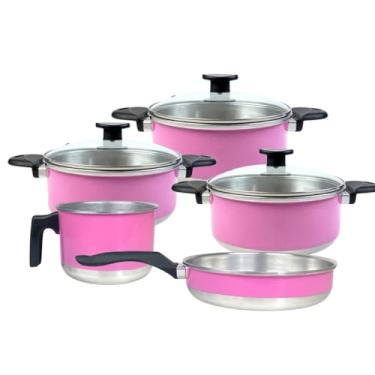 Imagem de Conjunto de Panelas 5 Peças de Alumínio Esmaltado Rosa c/Cabos em Baquelite e Tampas de Vidro