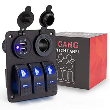 Imagem de BUNKER INDUST Painel de alumínio com interruptor de balancim de 3 grupos com carregador de porta USB duplo e soquete de isqueiro azul luz LED à prova d'água Interruptores de painel para 12V/24V Marine Boat Car ATV