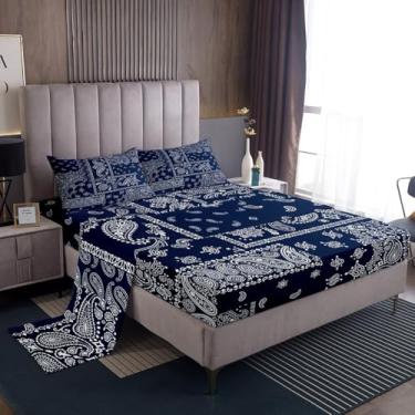 Imagem de Jogo de cama King Boho Paisley floral, estampa floral jacquard paisley, azul marinho e branco, 4 peças com bolso profundo, plano e 2 fronhas, decoração de quarto de adolescentes e adultos
