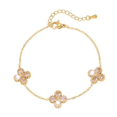 Imagem de Pulseira feminina de trevo de quatro folhas Dainty Lucky com corrente empilhável, gota d'água, strass, aço inoxidável, pulseira de elos ajustáveis, boa sorte, feriado irlandês, moderno, dia de São