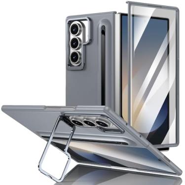 Imagem de Capa para Samsung Galaxy Z Fold 7 6 5 4 3 com protetor de tela de vidro, uma caneta, suporte para câmera, capa fina à prova de choque (dobra 3, cinza)
