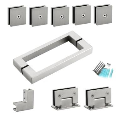 Imagem de MCOCOD Kit de ferragens de porta de chuveiro para instalação de chuveiro de canto sem moldura, inclui dobradiças, alças quadradas, braçadeiras em U e conector, para vidro de 5/40.6 cm – 3/20.3 cm, uso