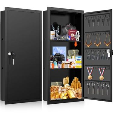 Imagem de Cofres de parede de 75 cm de altura com 2 prateleiras removíveis, cofre oculto com 50 ganchos para joias de chaves, seguro na parede para dinheiro, medicamentos e objetos de valor