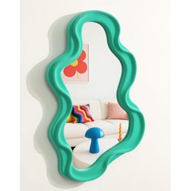 Imagem de TEIPAI Espelho de parede verde para entrada de corredor, pequenos espelhos decorativos assimétricos para sala de estar, escritório em casa, decoração de decoração de casa divertida para presente de