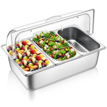 Imagem de Ziliny Recipiente perfurado para servir comida de bancada e tampa superior transparente, bandeja de servir comida de aço inoxidável, buffet, dispensador de condimentos, suporte de exibição para