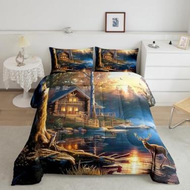 Imagem de Homewish Conjunto de edredom casal, chalé de caça, animais selvagens, caçador, decoração de cabana, edredom de quarto, cenário natural de lago, pinho, rústico, casa de fazenda, para meninas e
