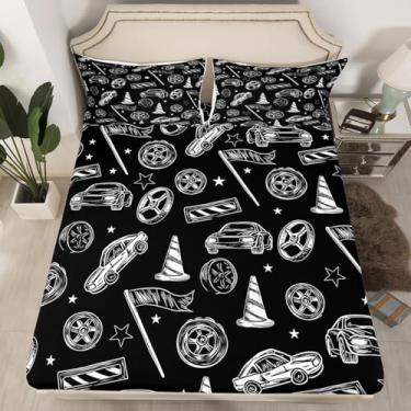 Imagem de Lençol Queen de carro esportivo de corrida, estampa de carro de corrida de velocidade, preto, com 2 fronhas, lençol de cima com estampa de estrelas e bandeira branca para crianças e meninos (sem