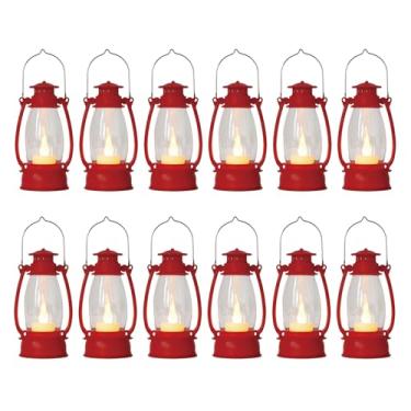 Imagem de Reperla 12 mini lanternas vermelhas para centro de mesa – decoração de lanterna vintage para Natal, Halloween, casamentos e festas ocidentais – enfeites de pendurar a granel com vela de LED cintilante