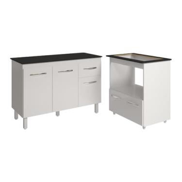 Imagem de Mobília Decor, Balcão Armário Gabinete Aline 118 cm Branco com Tampo Preto e Balcão Evelyn para Cooktop 5 Bocas Branco