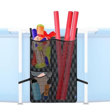 Imagem de Xxerciz Bolsa de armazenamento à beira da piscina para piscinas acima do solo, acessórios de piscina acima do solo, cesta organizadora de malha para macarrão, brinquedos, boias, toalhas, copos (preto)