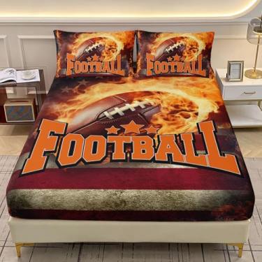 Imagem de AILONEN Jogo de lençol solteiro de rúgbi esportivo 3D, tamanho GG, esportes de futebol de fogo para crianças, adolescentes e adultos, 1 lençol com elástico + 2 fronhas, 3 peças